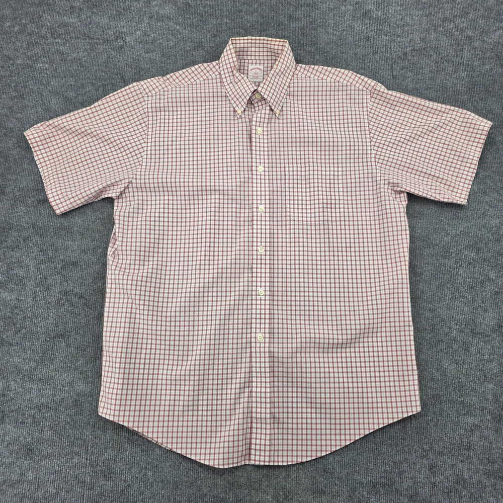 Brooks Brothers 346 Mens Large Short Sleeve Non-Iron Cotton Check Shirt Red Blue